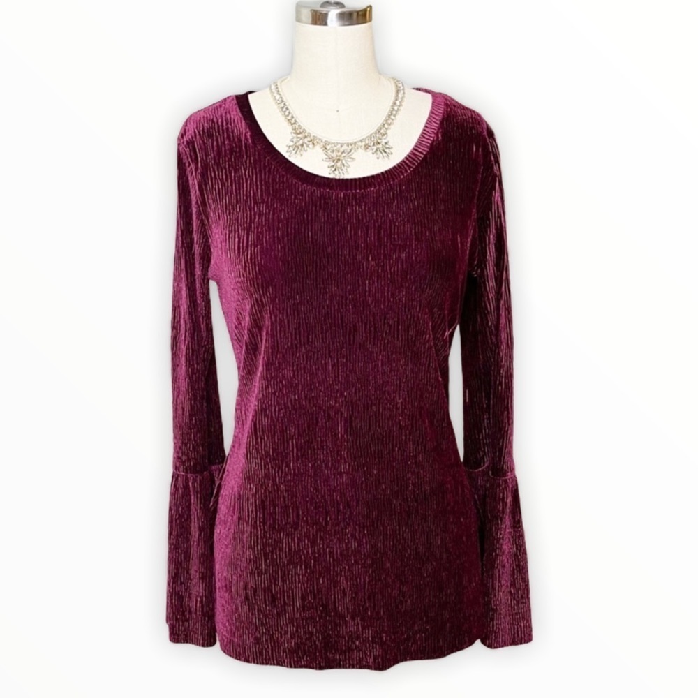 Tribal Burgundy Velvet Scoop Neck Bell Sleeve Stretchy Top Medium - Picture 13 of 13